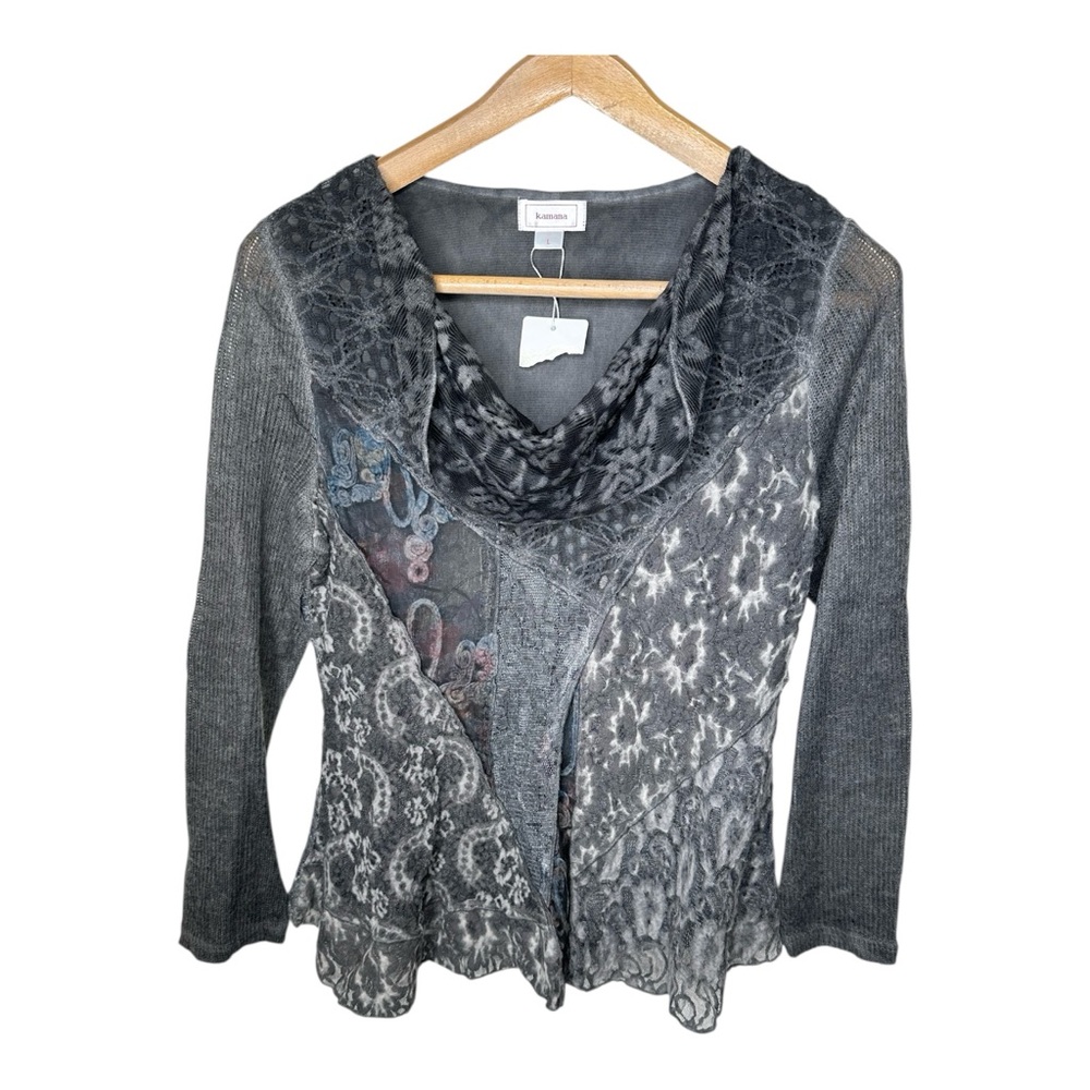 Kamana Mixed Media Knit Top Size Large Art To Wear Lace Artisan Cowl Neck New